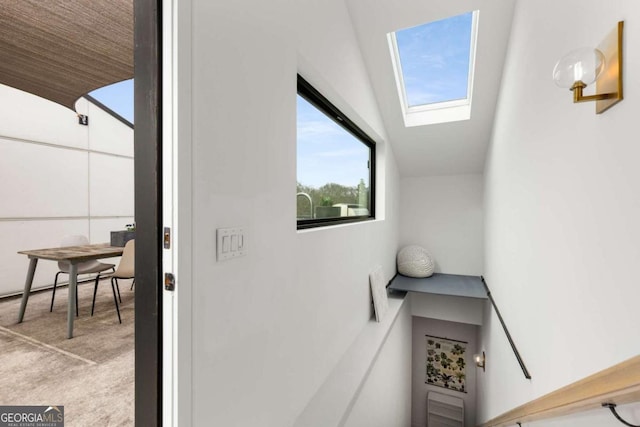 stairs with carpet and a skylight