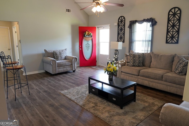 living room featuring ceiling fan, high vaulted ceiling, dark wood-type flooring, visible vents, and baseboards