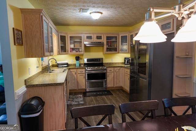 kitchen featuring a textured ceiling, under cabinet range hood, stainless steel appliances, a sink, and dark wood finished floors