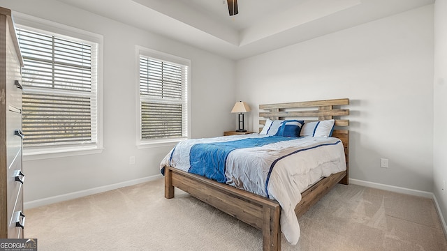 bedroom with ceiling fan, a tray ceiling, carpet, and baseboards