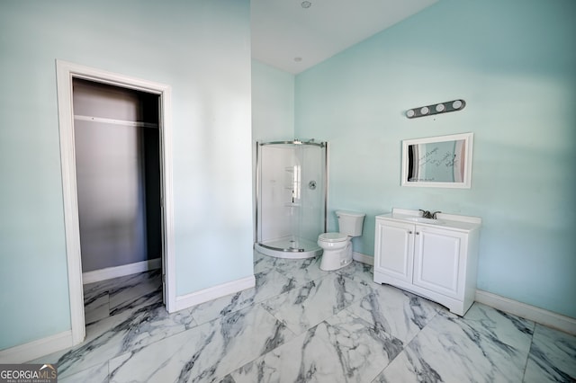 full bathroom featuring a shower stall, baseboards, and marble finish floor