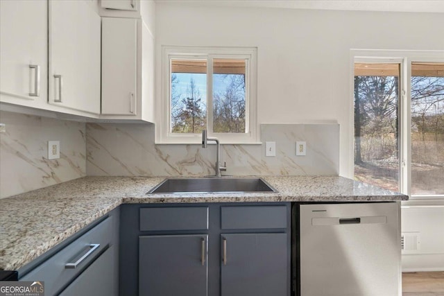 kitchen with gray cabinetry, a sink, white cabinets, stainless steel dishwasher, and backsplash