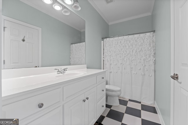 full bathroom with toilet, ornamental molding, vanity, baseboards, and tile patterned floors