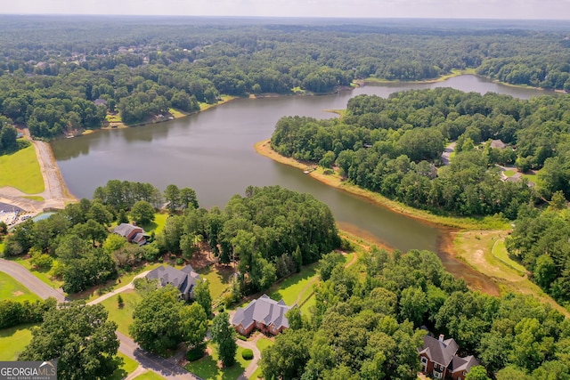 drone / aerial view featuring a water view and a forest view