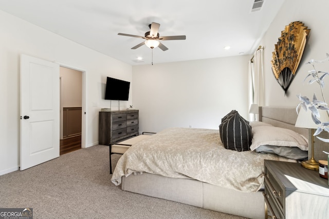 bedroom featuring carpet, recessed lighting, visible vents, a ceiling fan, and baseboards