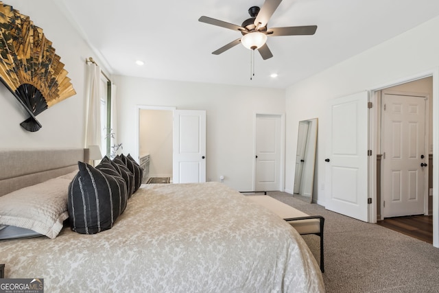 bedroom featuring recessed lighting, ceiling fan, and carpet