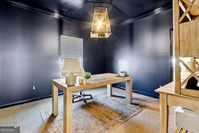 home office with carpet, visible vents, and baseboards