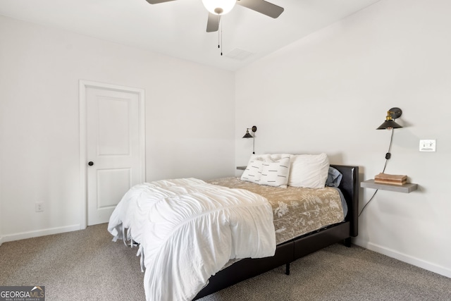 bedroom featuring carpet floors, ceiling fan, and baseboards