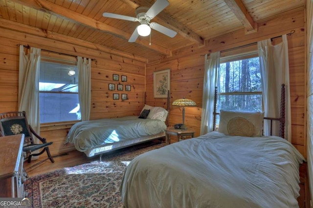 bedroom with wood ceiling, wooden walls, beam ceiling, and wood finished floors