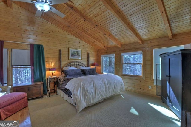 carpeted bedroom with wood ceiling, wood walls, and lofted ceiling with beams