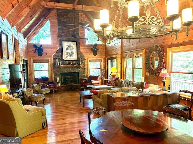 living room featuring wooden ceiling, a fireplace, wood walls, and wood finished floors