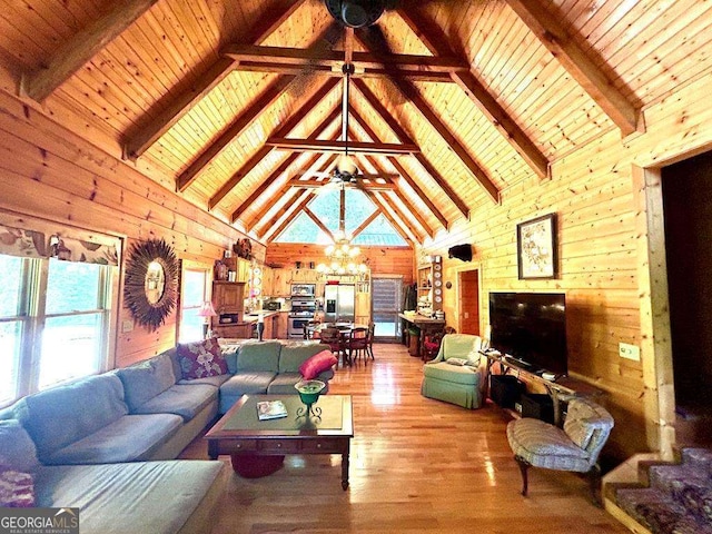 living room with beamed ceiling, wood finished floors, wood ceiling, and wooden walls