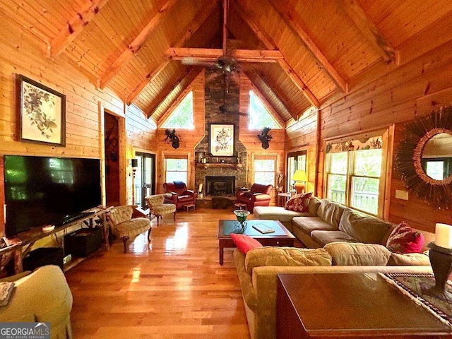 living room featuring wood ceiling and wooden walls