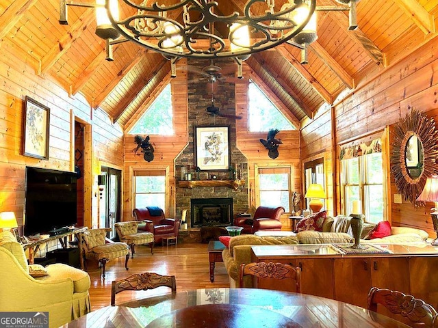 living area with beam ceiling, a fireplace, wood ceiling, wooden walls, and wood finished floors