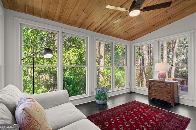 sunroom featuring a ceiling fan, lofted ceiling, and wooden ceiling