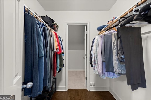 walk in closet featuring dark wood-style floors