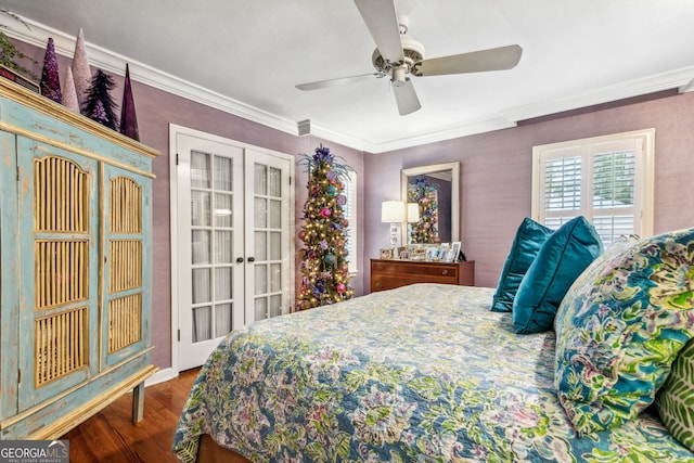 bedroom with ceiling fan, french doors, crown molding, and wood finished floors