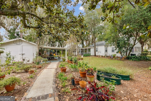 view of yard with a patio area, a vegetable garden, and an outbuilding