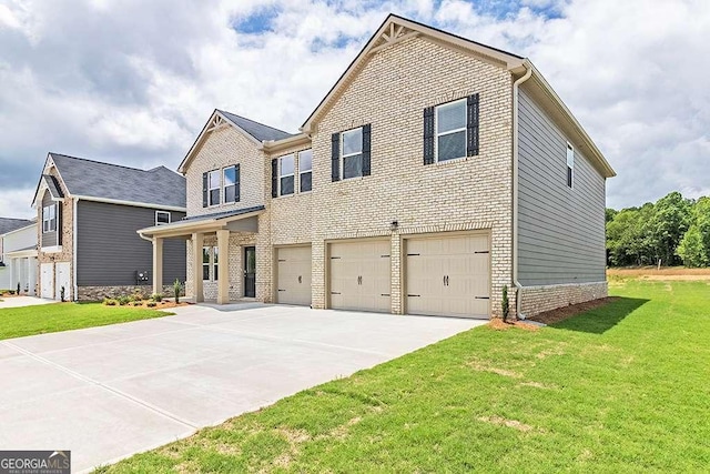 view of front facade featuring a garage, concrete driveway, brick siding, and a front yard