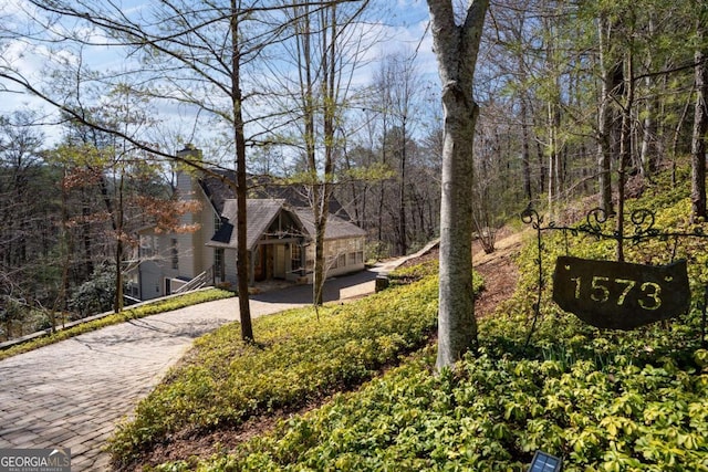 view of home's community featuring decorative driveway and a view of trees