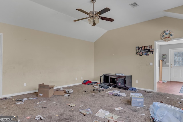 111 Laurel Oak Ln, Warner Robins, GA 31093 - interior space with lofted ceiling, ceiling fan, visible vents, and baseboards