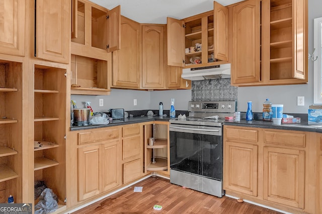 111 Laurel Oak Ln, Warner Robins, GA 31093 - kitchen with dark countertops, under cabinet range hood, stainless steel range with electric stovetop, and open shelves