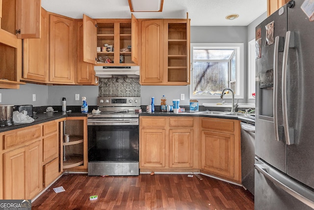 111 Laurel Oak Ln, Warner Robins, GA 31093 - kitchen featuring open shelves, stainless steel appliances, dark wood-type flooring, a sink, and under cabinet range hood