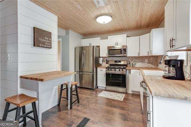 kitchen featuring wooden ceiling, stainless steel appliances, dark wood-type flooring, a sink, and backsplash