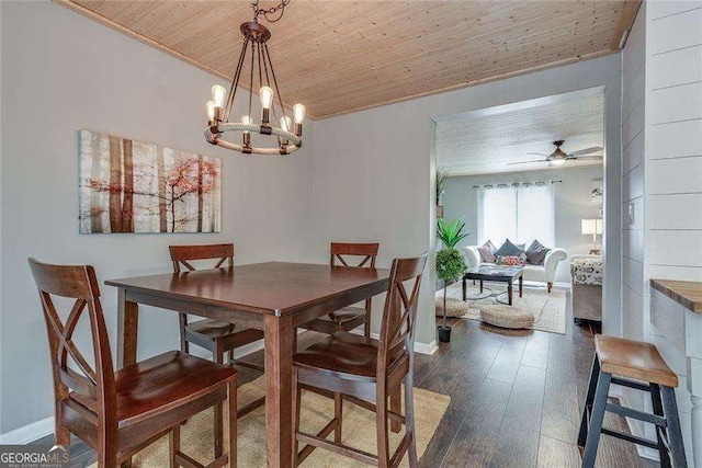 dining space featuring wood ceiling, dark wood finished floors, baseboards, and ceiling fan with notable chandelier