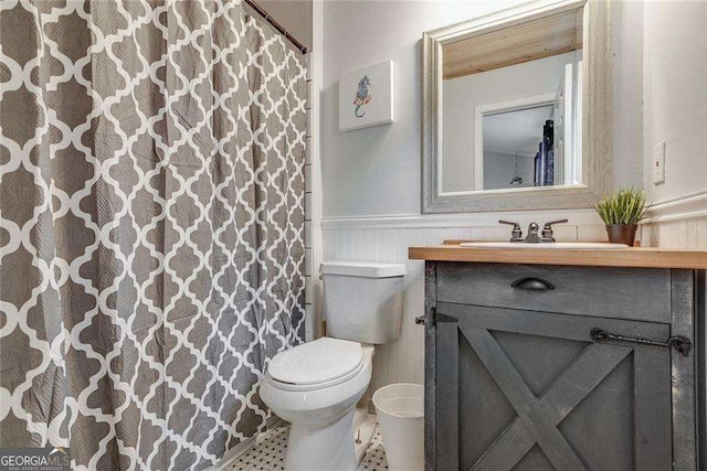 full bathroom featuring toilet, a wainscoted wall, a shower with curtain, and vanity