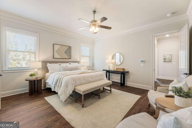 bedroom with ornamental molding, dark wood-style flooring, and baseboards