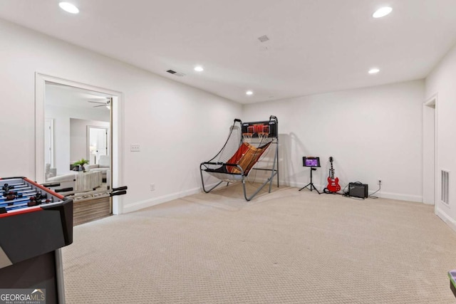 rec room with recessed lighting, carpet flooring, visible vents, and baseboards