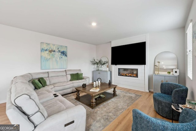 living room with a glass covered fireplace and wood finished floors