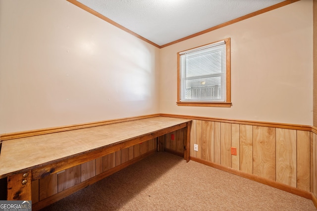 unfurnished office with a textured ceiling, wooden walls, ornamental molding, wainscoting, and carpet