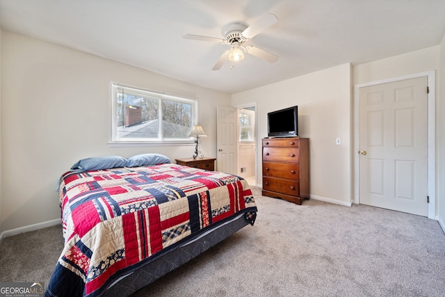 bedroom featuring carpet floors, ceiling fan, and baseboards