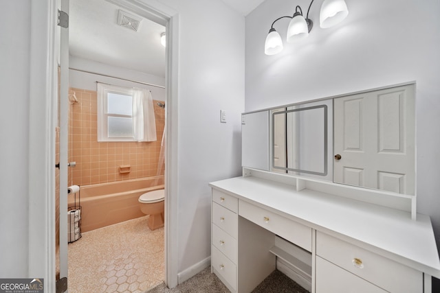 full bath featuring shower / bath combination with curtain, visible vents, vanity, and toilet