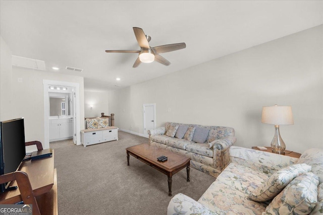 2401 Cotton Gin Row, Jefferson, GA 30549 - living room with carpet floors, a ceiling fan, visible vents, and recessed lighting