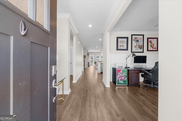 2401 Cotton Gin Row, Jefferson, GA 30549 - foyer entrance featuring baseboards, ornamental molding, recessed lighting, and wood finished floors