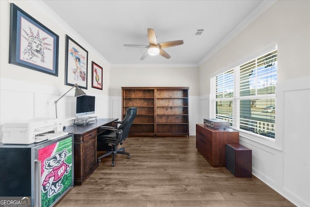 2401 Cotton Gin Row, Jefferson, GA 30549 - office area with crown molding, visible vents, a decorative wall, wood finished floors, and a ceiling fan