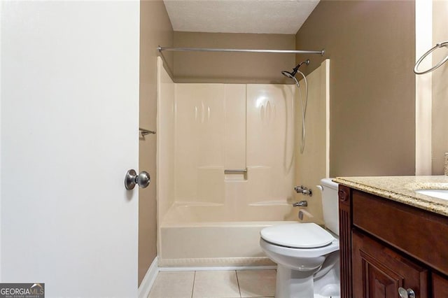 bathroom featuring bathtub / shower combination, toilet, vanity, a textured ceiling, and tile patterned flooring