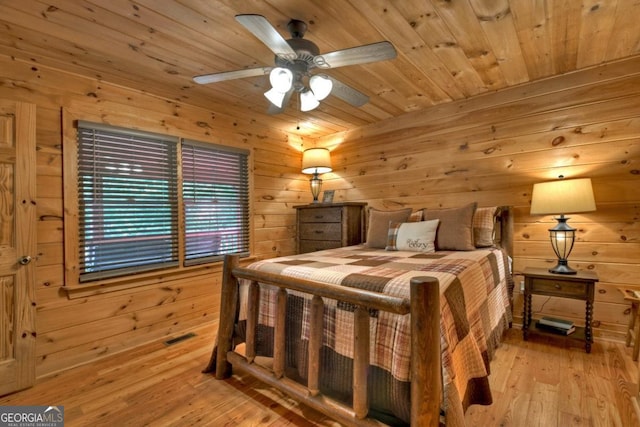 bedroom with light wood-style floors, wood ceiling, wooden walls, and visible vents