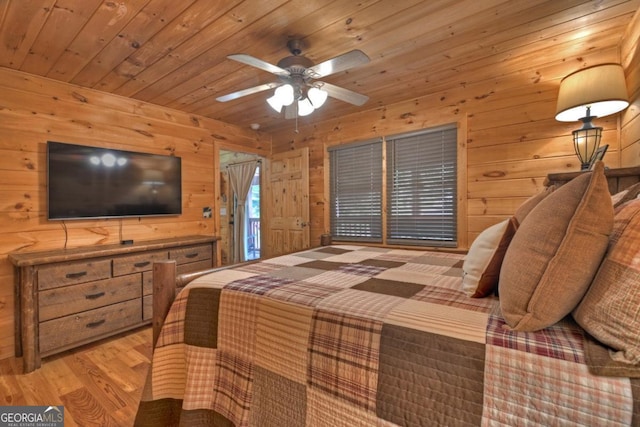 bedroom featuring access to exterior, wood ceiling, wooden walls, and wood finished floors