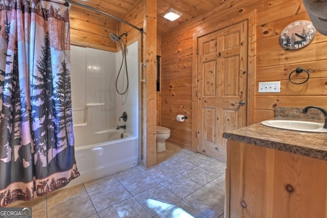 full bathroom featuring wood ceiling, wooden walls, and tile patterned floors