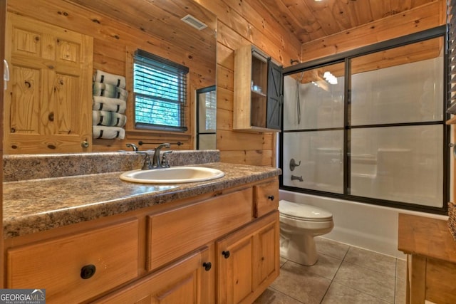 bathroom with visible vents, toilet, wood ceiling, vanity, and tile patterned floors