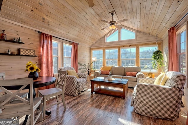 664 River Vista Dr, Dillard, GA 30537 - living area with wooden walls, wooden ceiling, plenty of natural light, lofted ceiling, and ceiling fan