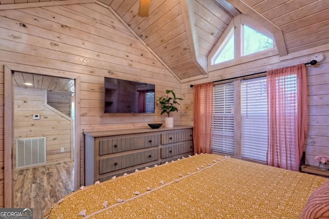 664 River Vista Dr, Dillard, GA 30537 - bedroom featuring wood walls, lofted ceiling, wood finished floors, and wood ceiling