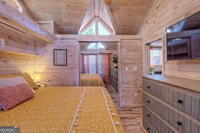 664 River Vista Dr, Dillard, GA 30537 - bedroom with wood walls, lofted ceiling, wood ceiling, and wood finished floors