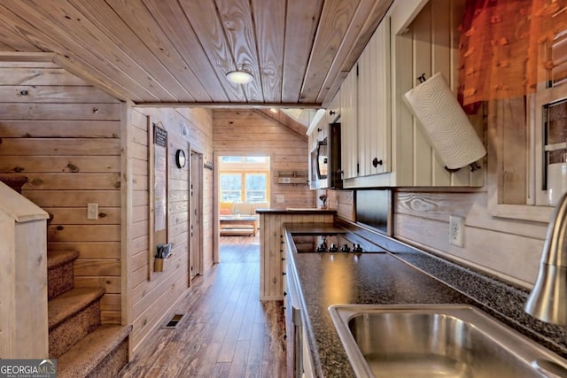 664 River Vista Dr, Dillard, GA 30537 - kitchen with wood walls, wooden ceiling, dark countertops, black electric cooktop, and dark wood-type flooring