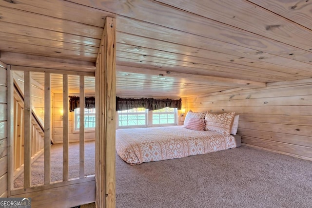 664 River Vista Dr, Dillard, GA 30537 - carpeted bedroom with wooden ceiling and wooden walls