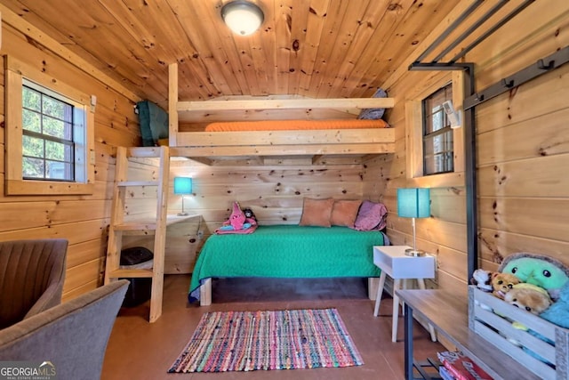 664 River Vista Dr, Dillard, GA 30537 - bedroom featuring wooden walls and wooden ceiling